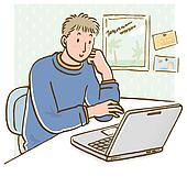 Clipart of Business man smiling and using laptop computer, Illustration