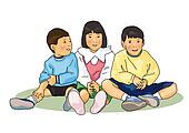 Clip Art Of Three Children Sitting Side By Side, Front View, White 